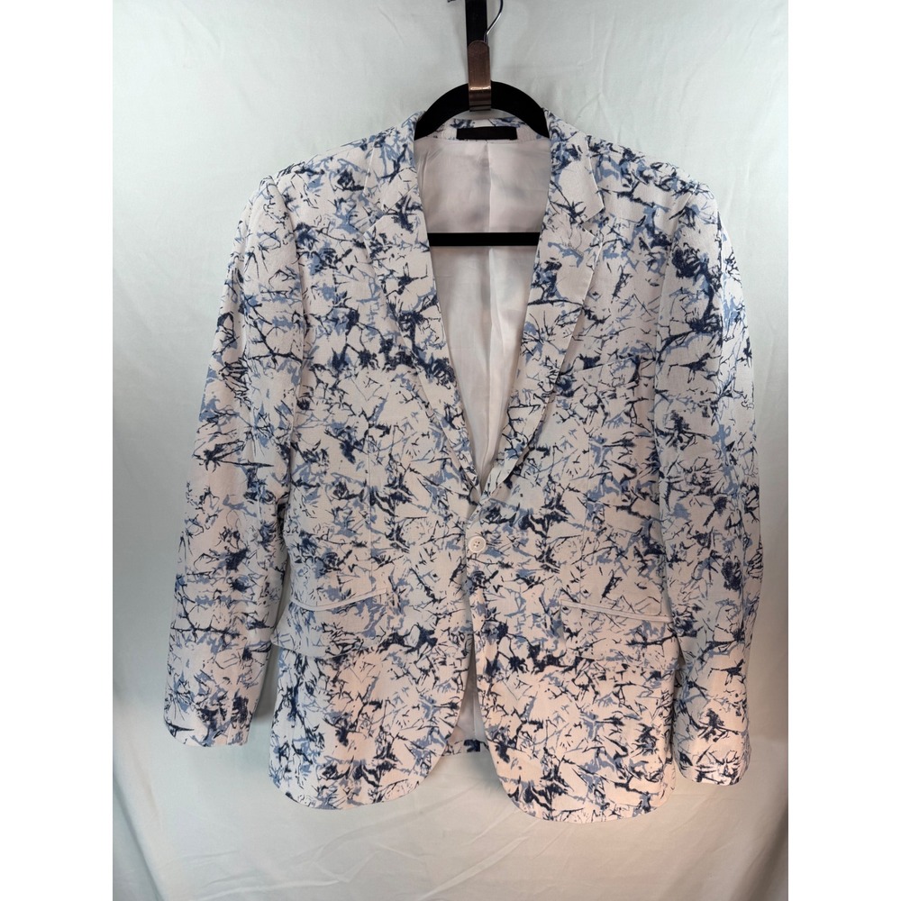 Mens Blue White Abstract Print Slim Fit Blazer Jacket with Elbow Patches